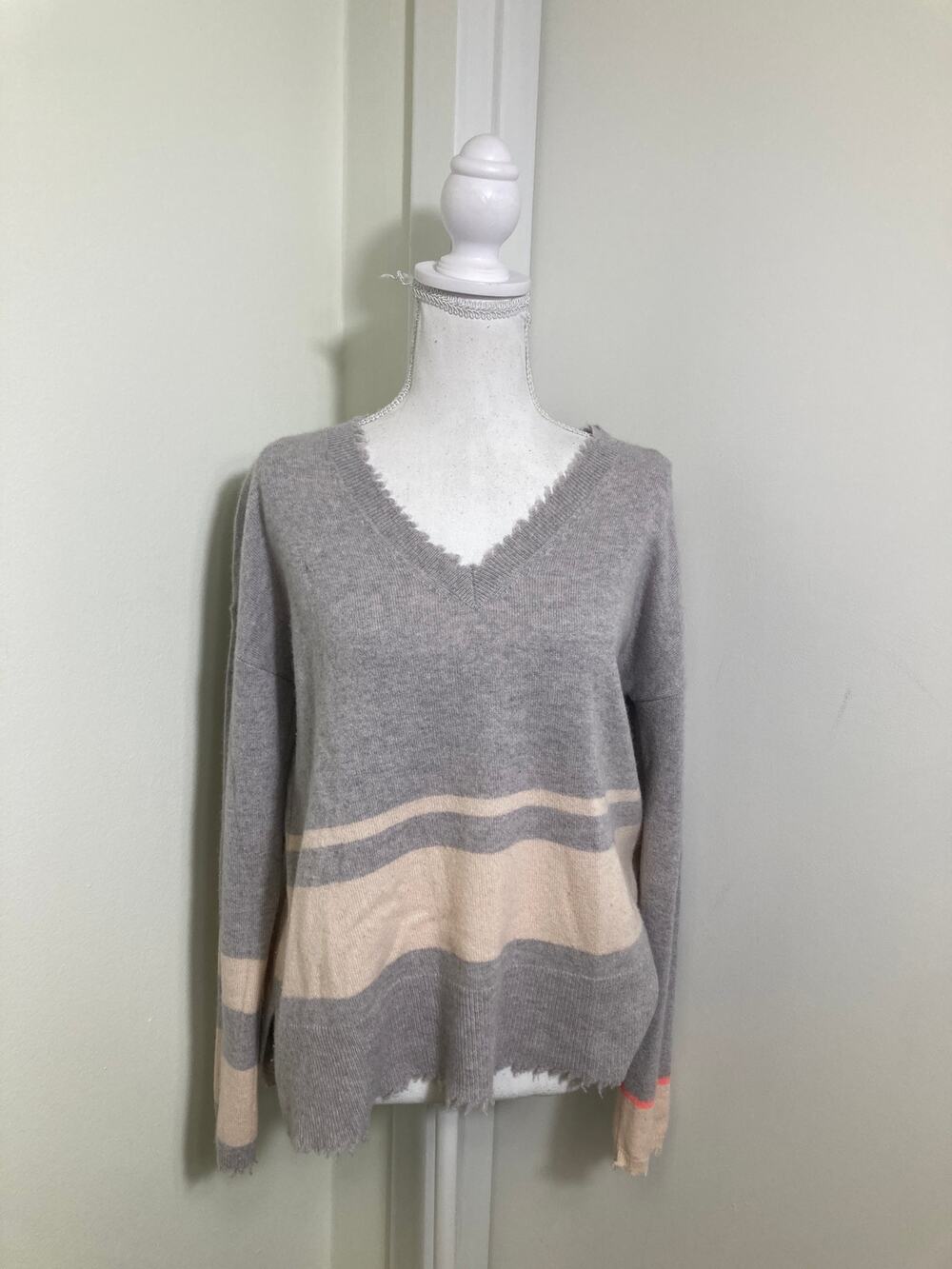 Lisa Todd Gray/Cream Stripe Cashmere Pullover Sweater Sz M